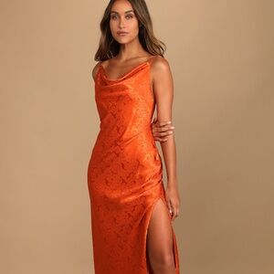 Lulus You're My Type Rust Orange Satin Jacquard Midi Slip Dress - Size S